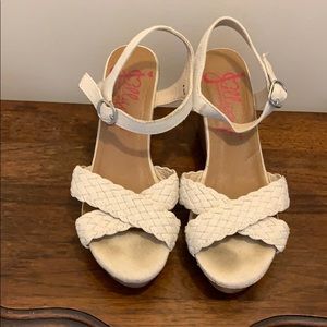 Jellypop Sz8.5 Off White Linen Panke Wedge Sandals
